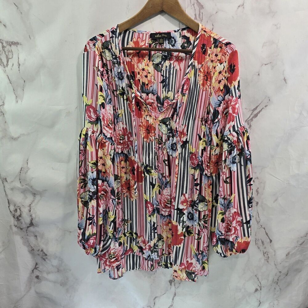 Melissa Paige Shirt Womens Large Pink Striped Floral Blouse Baloon Sleeve Boho